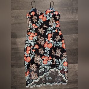 Guess Black, Coral, and Teal Floral Lace High Low Dress
